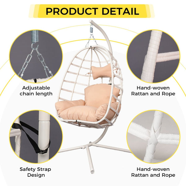 English Elm Egg Hanging Chair with Stand Pe Rattan Swing Seat Washable Cushion Patio Bedroom T5880P497429