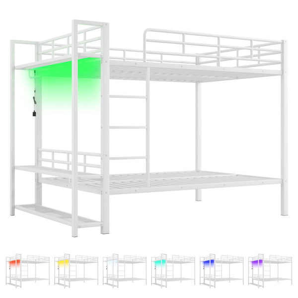 English Elm Full Size Metal Bunk Bed With Led Lights, Storage Shelves & Hooks - Stylish Space-Saver In White N7090000667K