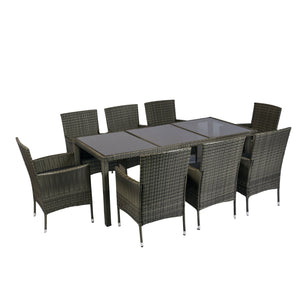 English Elm 9 Piece Outdoor Wicker Dining Set - Grey PE Rattan, Tempered Glass Table, Black Cushions, Rust‑Free Frame W329S00052