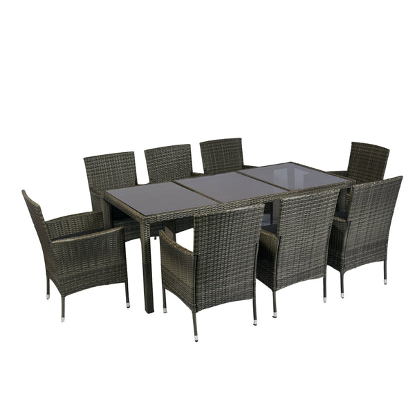 English Elm 9 Piece Outdoor Wicker Dining Set - Grey PE Rattan, Tempered Glass Table, Black Cushions, Rust‑Free Frame W329S00052
