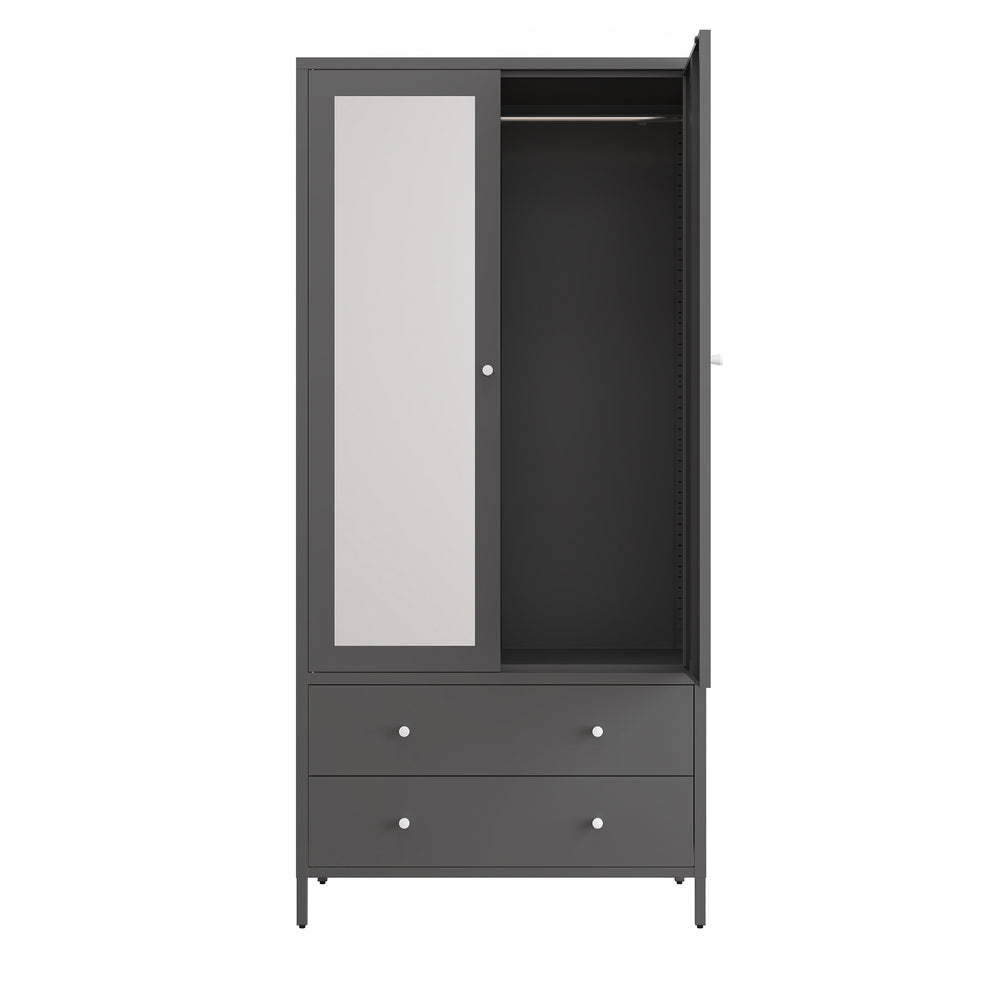 English Elm Metal Armoire Retro Steel Wardrobe with Mirror Door, 2 Drawers, Hanging Rod & Magnetic Closure, Dark Gray W2378P176281