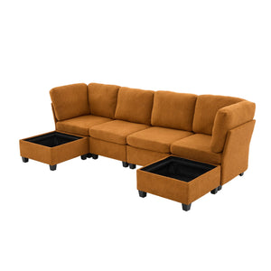 English Elm UNITED Modular 6-Seat Sectional Sofa with Removable Ottoman, Storage Compartments, Convertible Comfort Orange W1568S00246