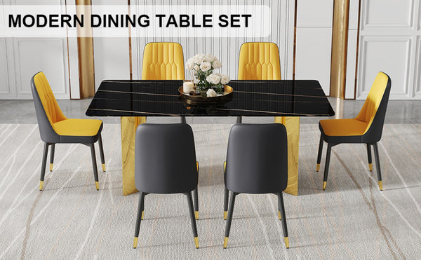 English Elm Table With Glass Top & Gold Stainless Steel Legs, 6 Orange & Dark Gray Pu Dining Chairs Set W1151S04340-GIGA