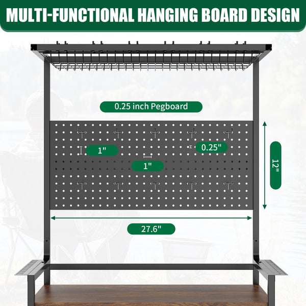English Elm Fishing Rod Rack Rolling Organizer with Pegboard Multi-tier Metal Stand Lockable Wheels W3190P404246