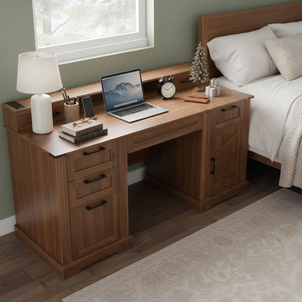 English Elm 59" Fluted Oak L-shaped Corner Desk with Charging Station Monitor Stand and File Storage Dark Walnut W2917S00007