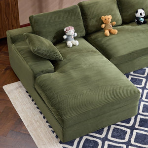 English Elm Green corduroy compressed sofa with 3 back cushions & 2 throw pillows — soft, resilient, space-saving comfort W3612S00016
