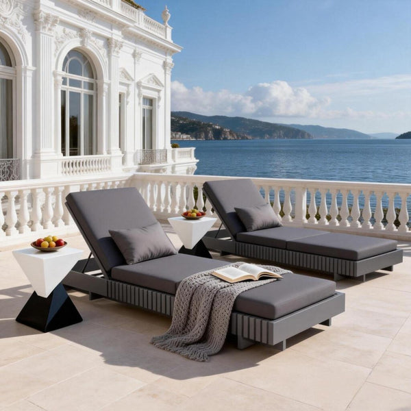 English Elm Modern Acacia Wood Outdoor Chaise Lounge Slatted Reclining Poolside Sun Chair Dark Grey N770P281696G_N770P208326G