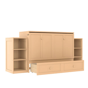 English Elm Full Golden Murphy Bed with Storage Drawers & Shelves, Space-Saving Wall Cabinet for Guests W1580S00254
