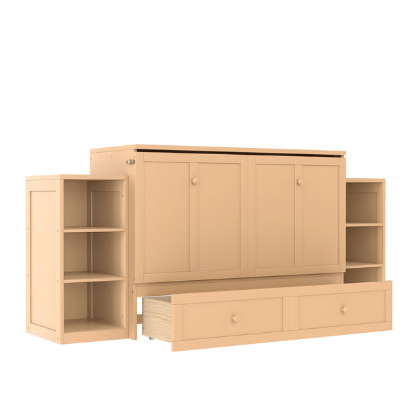 English Elm Full Golden Murphy Bed with Storage Drawers & Shelves, Space-Saving Wall Cabinet for Guests W1580S00254