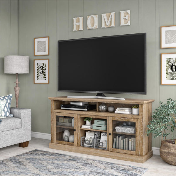 English Elm Chicago Wood Grain Tv Stand with Glass Door Cabinets for Living Room Media Storage B2733S00003