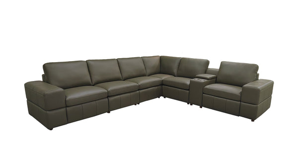 English Elm Premium Leather Match Sectional with Dual Recliners Square Arms and Console Storage Olive Green B2748S00158