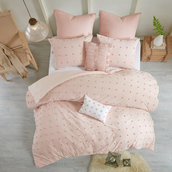 JLA Home Urban Habitat - Cotton Brooklyn Jacquard Duvet Set with Tufted Chenille Dots, Quilted Euro Shams & Pillows Pink UH12-0209