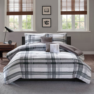 JLA Home Intelligent Design - Plaid ultra-soft microfiber comforter set with hand-drawn black & grey plaid, solid reverse, pillows and antimicrobial freshness protection 90 L x 68 W x 1H ID10-1329