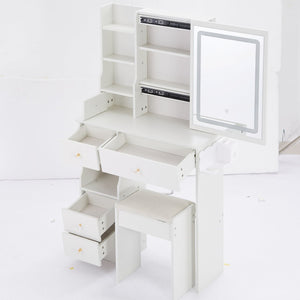 English Elm 29.2" Compact Left Drawer Vanity Set With Led Mirror, Power Station, Stool & Hair Dryer Holder P2 W936P226043-GIGA