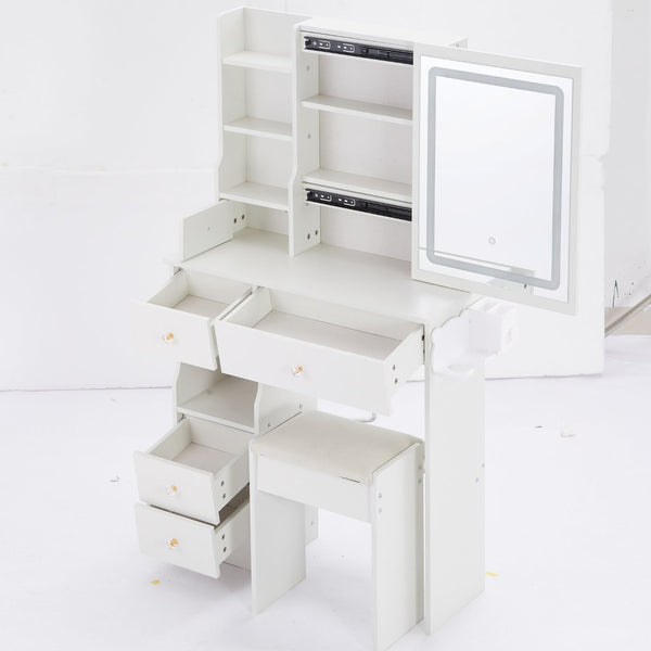 English Elm 29.2" Compact Left Drawer Vanity Set With Led Mirror, Power Station, Stool & Hair Dryer Holder P2 W936P226043-GIGA