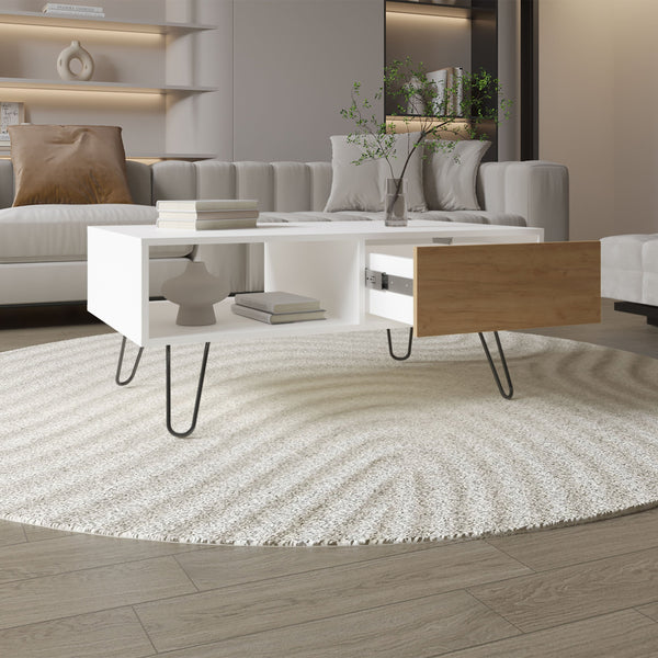 English Elm Tori Modern 39" Coffee Table with Drawer & Open Shelf, Slanted Metal Legs, Compact Multi Oak B200P253749