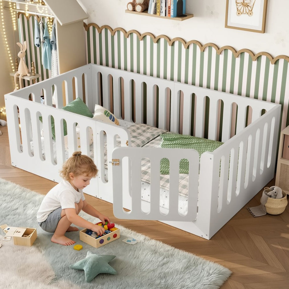 English Elm Twin Solid Pine Montessori Floor Bed with House Frame Door and Safety Fence Light White W5305P420632