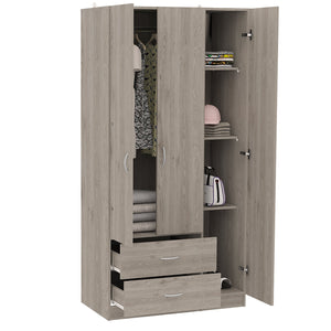 English Elm Eureka Light Oak Three Door Armoire with Rod, Four Shelves & Two Drawers — 70.8"H x 35.4"W x 18.5"D B128S00088