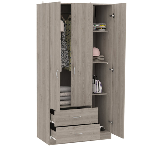 English Elm Eureka Light Oak Three Door Armoire with Rod, Four Shelves & Two Drawers — 70.8"H x 35.4"W x 18.5"D B128S00088