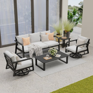 English Elm Fr Five Piece Outdoor Aluminum Patio Set with Swivel Rockers and Dual Coffee Tables T5925S00002