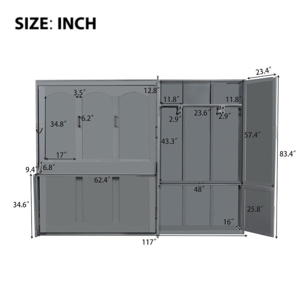 English Elm Queen Murphy Bed with Wardrobe Cabinet Hydraulic Lift Mdf Space Saving Wall Unit Gray LP000581AAE-1