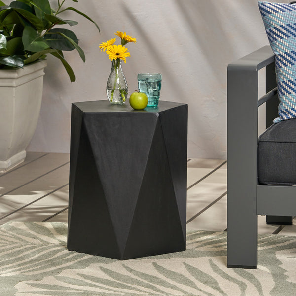 English Elm Christopher Knight Home® - APOLLO geometric concrete side table with gem-cut pentagon base, durable modern outdoor accent piece Black 67525.00BLK
