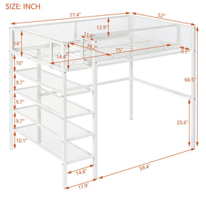 English Elm Twin Metal Loft Bed with 4-Tier Shelves and Built-In Storage Shelf, Sturdy Iron Frame, Space-Saving Design White SF000237AAK