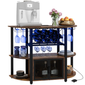English Elm HOMCOM Industrial Wine Bar Cabinet with LED Lights, Charging Station, 10-Bottle Rack, Rustic Brown W2225P200789
