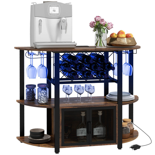 English Elm HOMCOM Industrial Wine Bar Cabinet with LED Lights, Charging Station, 10-Bottle Rack, Rustic Brown W2225P200789
