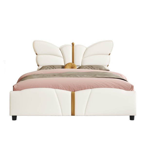 English Elm Christopher Knight Home® - Queen Plush Leather Upholstered Bed Frame with Wingback Headboard, Wavy Footboard, Quiet Support Beige 82 L x 10 W x 3.25 H N761S0000019W
