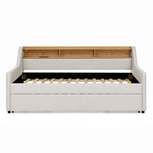 English Elm Twin Size Upholstered Sofa Bed With Led Lights, Storage, Adjustable Headboard & Wireless Charging W1413S00058-GIGA