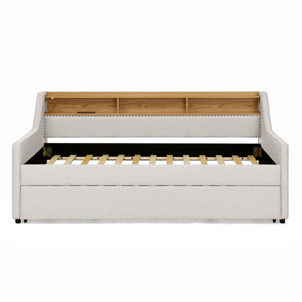 English Elm Twin Size Upholstered Sofa Bed With Led Lights, Storage, Adjustable Headboard & Wireless Charging W1413S00058-GIGA