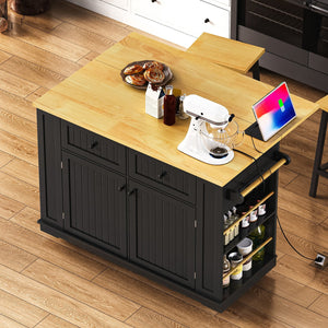 English Elm K&K 48 Inch Kitchen Island Cart with Drop Leaf, Built-In Power Station, Adjustable Shelves & Wheels Black N707P257057B