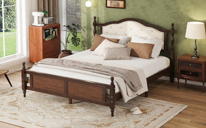 English Elm Queen Pine Upholstered Headboard Bed in Walnut — Modern Minimalist Queen Platform with Dual Support Feet, Space-Saving Design W504P268435