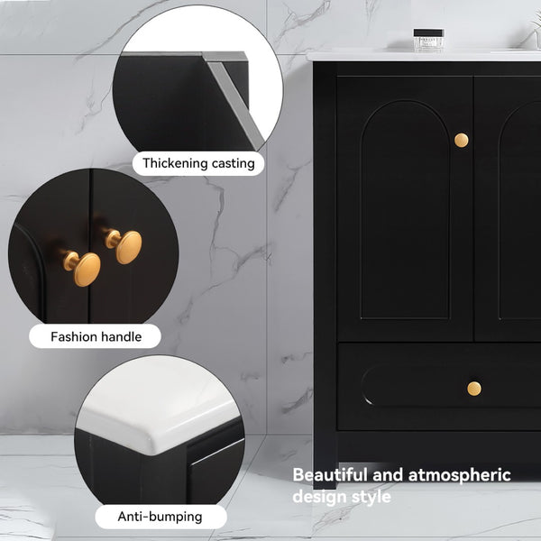 English Elm 48" Matte Black Bathroom Vanity with Ceramic Sink Soft Close Doors and Drawers W3133S00011