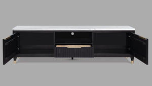 English Elm 1pc Modern Luxury Fluted Wood Facade TV Stand with Faux Marble Top, Brass Accents & Tapered Legs Black,White 20.25 L x 87 W x 24 H B2741P366757