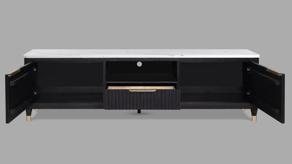 English Elm 1pc Modern Luxury Fluted Wood Facade TV Stand with Faux Marble Top, Brass Accents & Tapered Legs Black,White 20.25 L x 87 W x 24 H B2741P366757