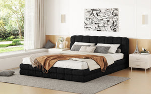 English Elm Queen Upholstered Platform Bed with Padded Headboard, Slat Support, Modern Stitch Detail for Comfort Black DL001520AAB