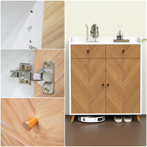 English Elm Shoe Cabinet 4-Tier with 2 Drawers and Doors, Herringbone MDF Top, Adjustable Shelves for Entryway White W3383P361252