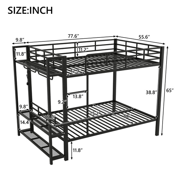 English Elm Full Size Metal Bunk Bed With Led Lighting, Storage Shelves & Hooks - Stylish Space Saver For Teens N7090000667B