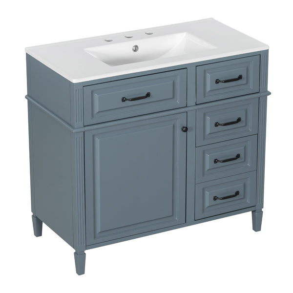 English Elm 36-Inch Modern Bathroom Vanity With Ceramic Sink Top, Storage Drawers, And Stylish Blue Gray Finish N725P350849E