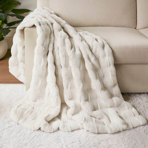 JLA Home Madison Park - Faux Plush Faux Fur Throw with Basket-Weave Texture, Machine-Washable, Oeko‑Tex Certified Comfort and Style Ivory MP50-8255