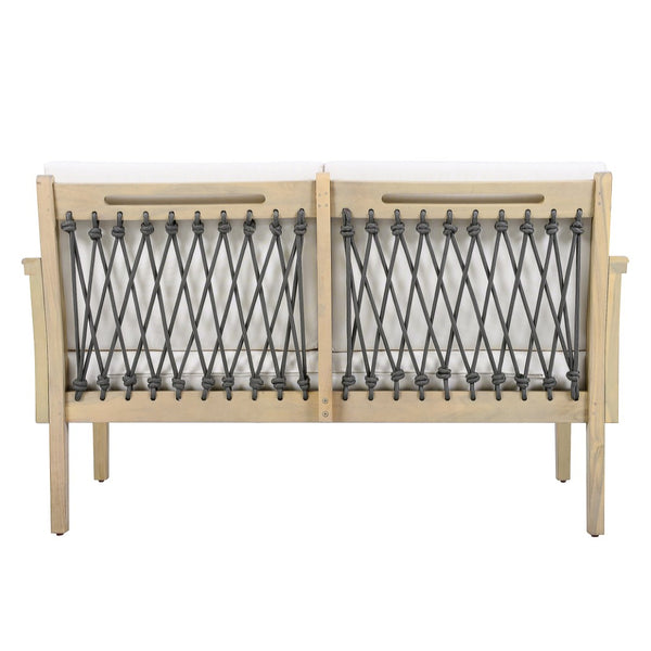 English Elm Outdoor Acacia Wood Loveseat Set with Woven Rope Detail and Slatted Coffee Table Cream,Dark Gray,Light Teak N768P363954L