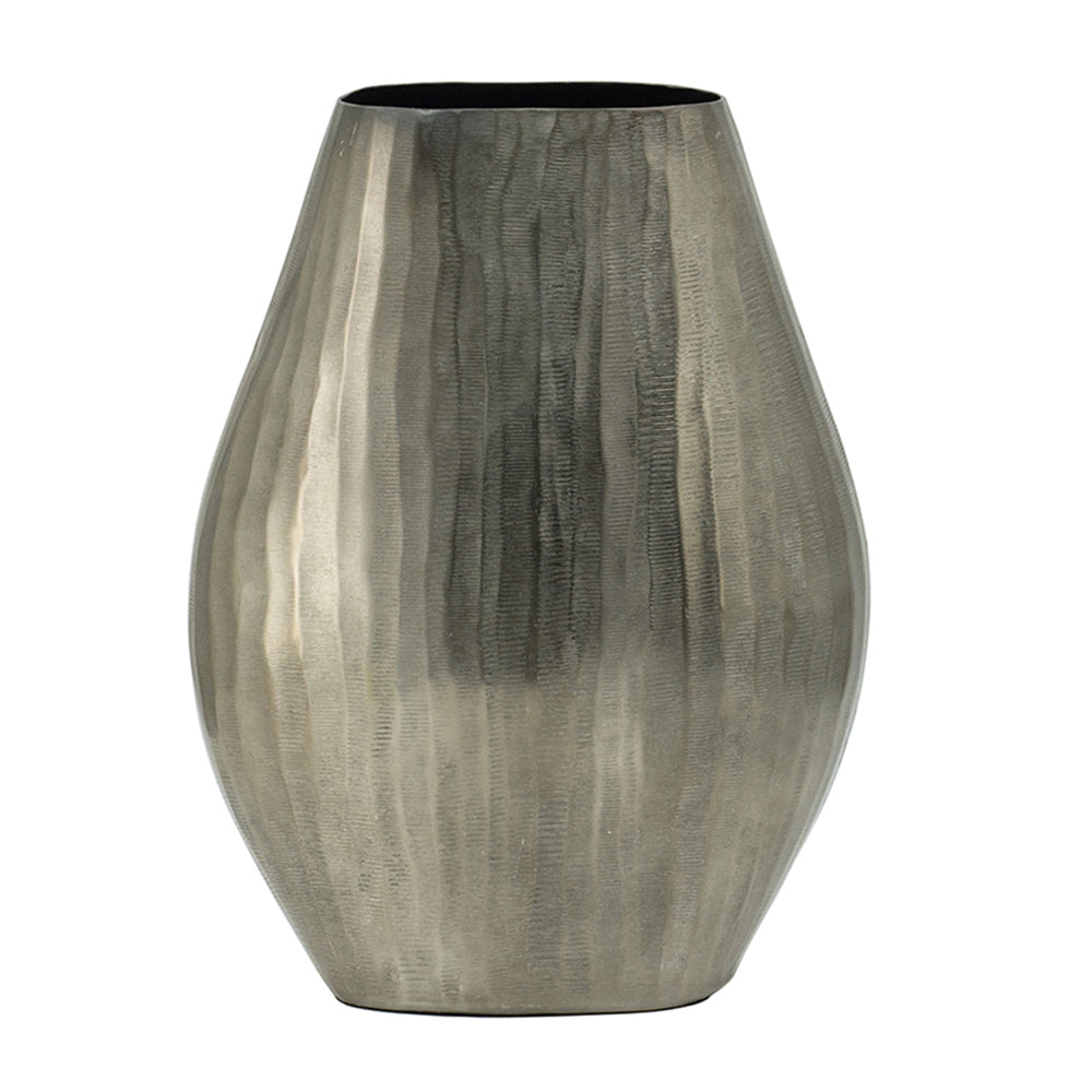English Elm 9.5x5.5x12" Aluminum Layered Chisel Oval Vase — Smoke Silver Metallic Finish, Vertical Texture Centerpiece Decor W2078P316485