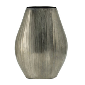 English Elm 9.5x5.5x12" Aluminum Layered Chisel Oval Vase — Smoke Silver Metallic Finish, Vertical Texture Centerpiece Decor W2078P316485