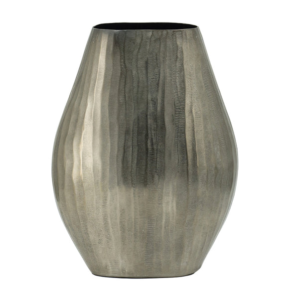 English Elm 9.5x5.5x12" Aluminum Layered Chisel Oval Vase — Smoke Silver Metallic Finish, Vertical Texture Centerpiece Decor W2078P316485