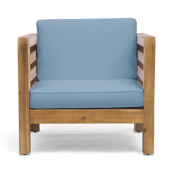 English Elm Christopher Knight Home® - OANA Outdoor Club Chair with Acacia Wood Frame, Removable Cushions, Slatted Design for Quick Drying Pecan+Blue 65546.00BLU