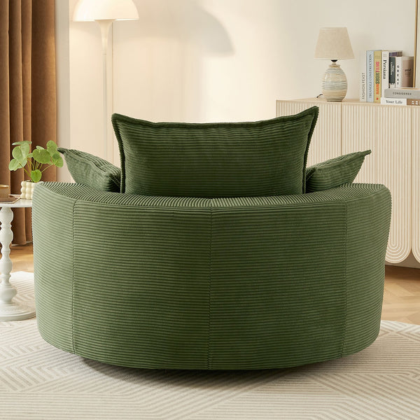 English Elm 360° Oversized Swivel Lounge Chair with 38" Deep Seat Dual-Layer Cushion Corduroy Accent Pillows Green N719S002100F