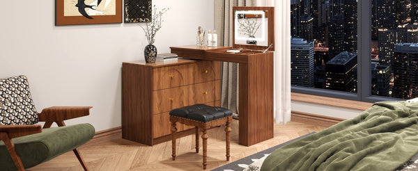 English Elm Vanity LED Mirror Desk with Flip-Top Dual Function, 7 Drawers & Multiple Shelves for Organized Glam Walnut 47.24 L x 19.69 W x 6.5 H N733S363650H