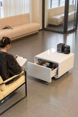 English Elm Modern Coffee Table with Built in Mini Fridge Power Outlets and Beverage Storage White W1172P483597
